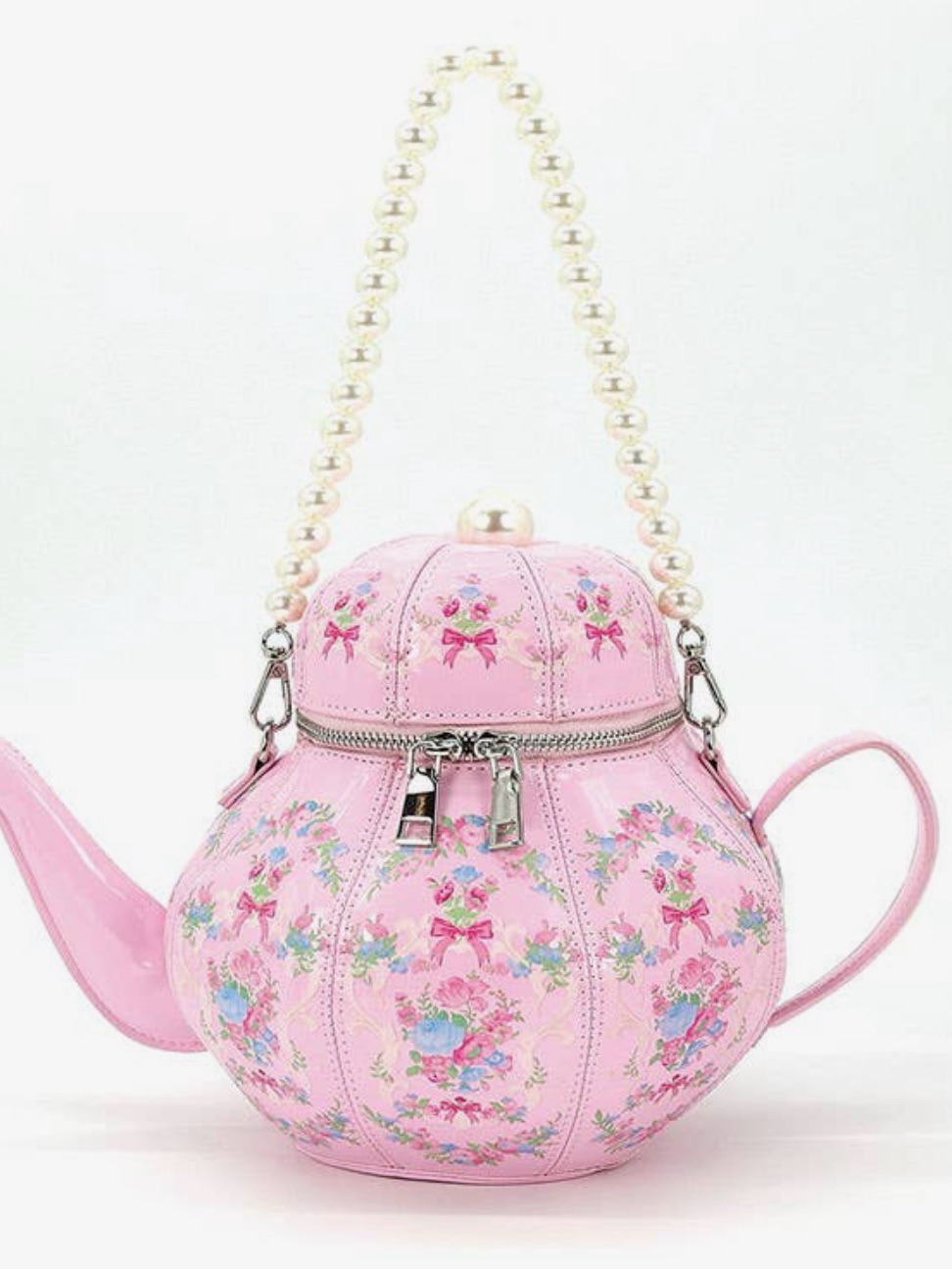 Comeco Pink Floral Teapot Purse Novalty Handbag Pearl Strap Coquette Cottagecore